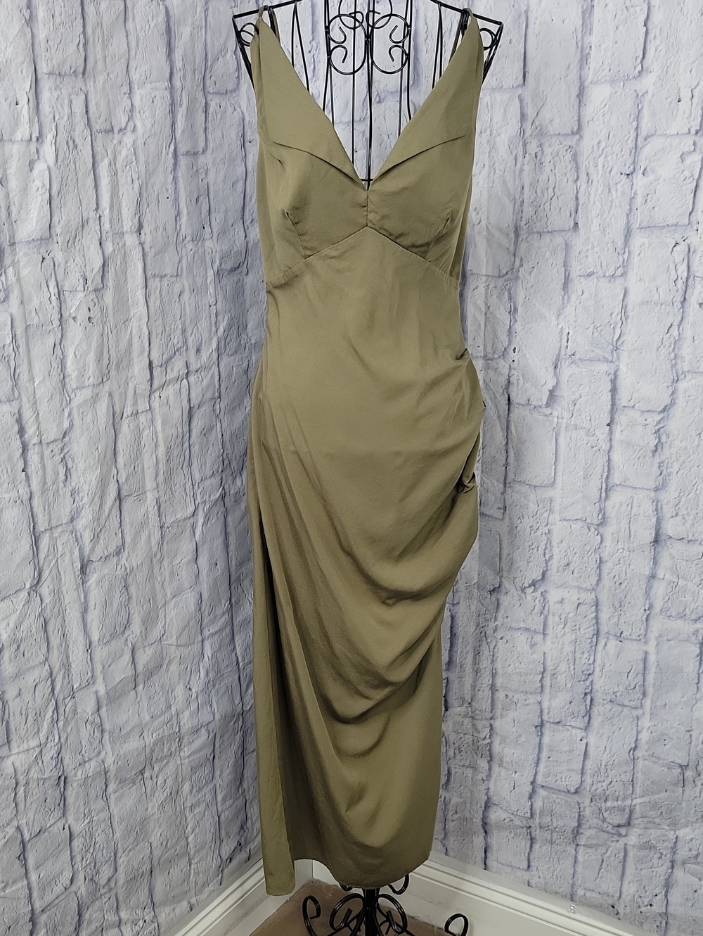 Mable Olive Green Midi Dress Medium Open Tie Back Ruched Slip Dress